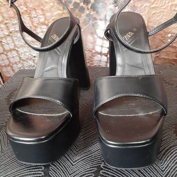 Zara Black Faux Leather Platform Heel Sandals - Picture 10 of 14
